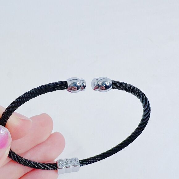 Black Cable Bracelet Braided Silver Rhinestone Charm Adjustable - Picture 4 of 4